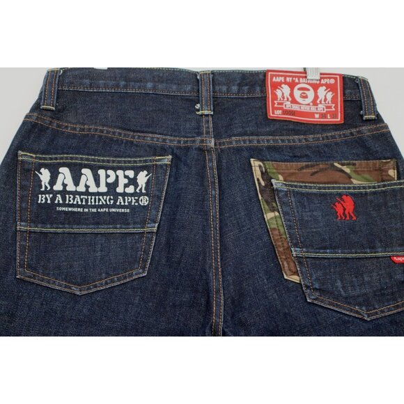 Aape by A Bathing Ape Loose 43X31 Men Indigo Garment Fly Button Camo Back Pocket - Picture 1 of 16